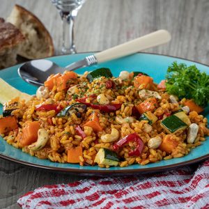 vegetable paella with cashew nuts