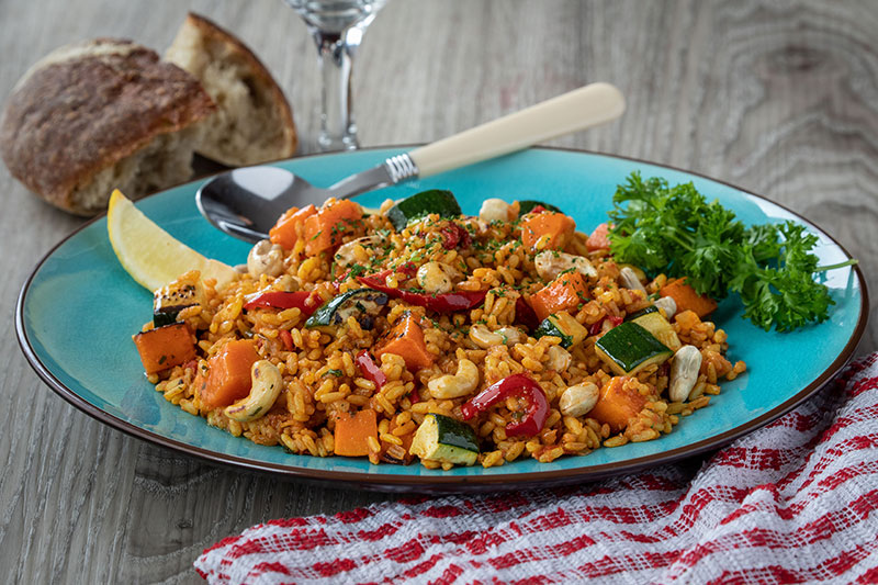 vegetable paella with cashew nuts vegetable paella with cashew nuts